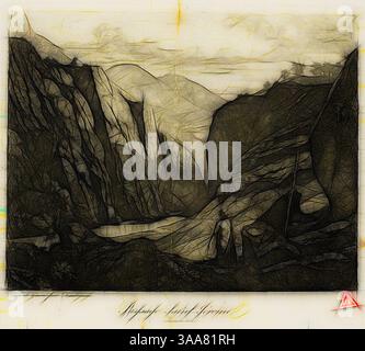 Eine dramatische Landschaft zeigt zerklüftete Berge und steile Klippen, die einen sich windenden Fluss umgeben, alle in komplizierten Linien und Texturen dargestellt, die ein Gefühl von Tiefe und Geheimnis in der Szene wecken., Klassische Kunst mit modernem Twist neu interpretiert von Artotop, basierend auf Saint Jerome, 1840, Charles Francois Daubigny, Französisch, 1817-1878, Frankreich, Ätzen auf elfenbeinfarbenem Webpapier, 129 x 163 mm (Bild), 148 x 169 mm (Platte), 232 x 322 mm (Blatt) Stockfoto
