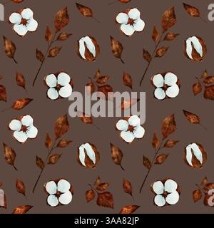 Schöne Baumwolle und braune Zweige auf braunem Hintergrund, nahtloses Blumenmuster Stockfoto