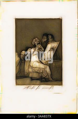 Eine Figur sitzt an einem Klavier, umgeben von ätherischen Silhouetten, die aufmerksam zu beobachten scheinen, und schafft eine Atmosphäre ruhiger Besinnung und musikalischer Inspiration., Klassische Kunst mit modernem Twist neu interpretiert von Artotop, basierend auf Till Death, Platte 55 aus Los Caprichos, 1797/99, Francisco José de Goya y Lucientes, Spanisch, 1746-1828, Spanien, Etching, brünierter Aquatint und Trockenspitze auf elfenbeinfarbenem Papier, 190 x 132 mm (Bild), 215 x 150 mm (Platte), 320 x 218 mm (Blatt) Stockfoto