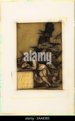 Eine abstrakte Darstellung mit einer verzerrten Figur, die auf einer Oberfläche ruht, umgeben von schattenhaften Formen und geisterhaften Figuren, die der Szene ein Gefühl von Mystik und Spannung verleihen. Die Komposition spielt mit Linien und Formen und schafft eine ätherische Atmosphäre., Klassische Kunst mit modernem Twist neu interpretiert von Artotop, basierend auf dem Sleep of Reason Products Monsters, Platte 43 von Los Caprichos, 1797/99, Francisco José de Goya y Lucientes, Spanisch, 1746-1828, Spanien, Ätzen und Aquatint auf elfenbeinfarbenem Büttenpapier, 180 x 120 mm (Bild), 212 x 150 mm (Platte), 303 x 198 mm (Blatt) Stockfoto