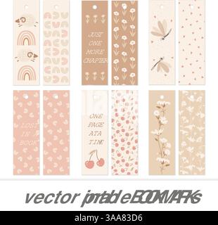 Niedliche mädchenhafte, druckbare Lesezeichen mit bearbeitbarem Text, Vektorformat. Vektorabbildung Stock Vektor