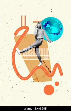 Skizze Bild Trend Artwork Montage 3D Foto Collage der jungen Dame Happy Walk Hols Sonnenbrille Discoball Anlass Wochenende Rest Clubber Nacht Stockfoto
