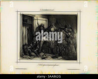 Eine dramatische Szene zeigt eine Gruppe von Figuren, einige in Uniformen, die in einem angespannten Moment in einem schwach beleuchteten Raum verwickelt sind. Eine Figur, die eine Lichtquelle hält, scheint andere zu konfrontieren, während einzelne im Hintergrund mit Sorge beobachten. Die Atmosphäre suggeriert Dringlichkeit und Intensität und erinnert an eine Geschichte voller Spannung., Klassische Kunst mit modernem Twist neu interpretiert von Artotop, basierend auf dem Erzbischof war Always A Rogue, 1831, Denis Auguste Marie Raffet (Französisch, 1804-1860), herausgegeben von Chez Aubert (Französisch, 19. Jahrhundert), gedruckt von Delaporte (Französisch, 19. Jahrhundert), Frankreich, Lithograph i Stockfoto