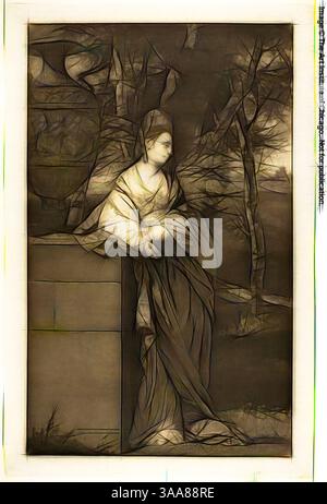 Eine kontemplative Figur in fließenden Gewändern lehnt sich an eine Steinstruktur, umgeben von abstrakten Naturelementen. Die Szene verströmt ein Gefühl von Introspektion und Ruhe. Klassische Kunst mit modernem Touch, neu interpretiert von Artotop, basierend auf Portrait of Honorable Mrs. Parker, 1773, Thomas Watson (Englisch, 1743-1781), nach Sir Joshua Reynolds (Englisch, 1723-1792), England, Mezzotint in Braun auf elfenbeinfarbenem Webpapier, 615 x 380 mm Stockfoto