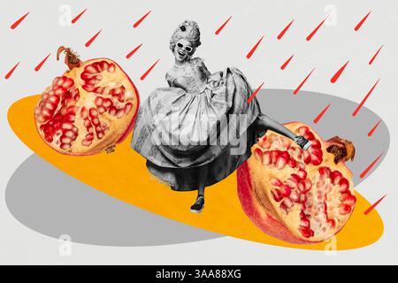 3D-Fotocollage Trendskizze Vorlage Artwork von Granatapfelnahrung junge Dame Korsett Mode Eleganz historische Vintage-Aristokratie Stockfoto