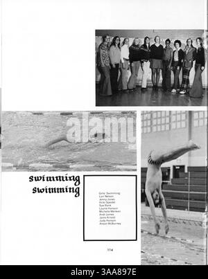 Das Jahrbuch der Marshall University 1973 bietet einen Überblick über das Schuljahr 1972-1973 mit Schwerpunkt auf Leichtathletik, Studentenorganisationen, Lehrkörper und anderen wichtigen Aktivitäten der Schüler. Stockfoto