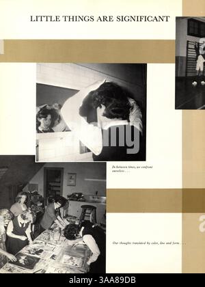 In der Ausgabe 1963 des Northrop Collegiate Yearbook Tatler 63 werden Schüler, Lehrer, Sportmannschaften, Vereine und bedeutende Veranstaltungen des Schuljahres vorgestellt. mit einigen Anzeigen, die von Seiten geschnitten sind. Stockfoto