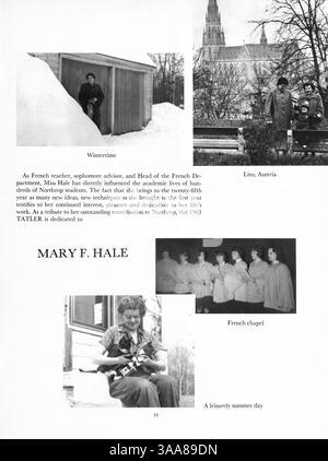 Das Jahrbuch Tatler 1963 von Northrop Collegiate zeigt die Höhepunkte des Studentenlebens, Vereine, Sportmannschaften und akademische Veranstaltungen. Auf den Seiten 133-134 und 153-154 ist Werbung ausgeschnitten. Stockfoto