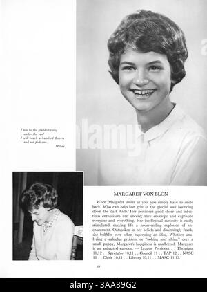 Das Jahrbuch Tatler 1963 von Northrop Collegiate enthält Dokumentationen über Schüler, Lehrer, Leichtathletik, Vereine und wichtige Veranstaltungen während des Schuljahres 1962-1963. Die Werbung wurde von den Seiten 133-134 und 153 bis 154 entfernt. Stockfoto