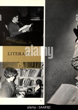 Tatler 63, das Jahrbuch 1963 für Northrop Collegiate, behandelt wichtige Veranstaltungen und Aktivitäten des Schuljahres 1962-1963, darunter Schüler, Lehrer, Leichtathletik und Vereine. Die Werbung wurde aus den Seiten 133-134 und 153–154 herausgeschnitten. Stockfoto