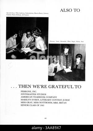 Tatler 63, das Jahrbuch 1963 der Northrop Collegiate, dokumentiert die Schüler, Lehrer, Leichtathletik, Vereine, und Veranstaltungen des Schuljahres 1962-1963. Die Werbung wurde auf den Seiten 133-134 und 153–154 gestrichen. Stockfoto