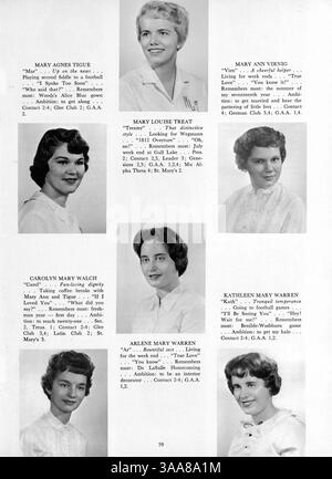 Das Angelus Yearbook 1960 der Akademie der Heiligen Engel bietet einen umfassenden Einblick in das Schuljahr 1959-1960 und behandelt Schüler, Lehrer, Leichtathletik und Vereine. Stockfoto