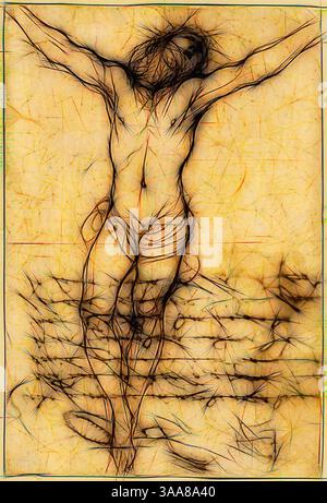 Eine Figur wird in dramatischer Pose dargestellt, die Arme gestreckt und Themen der Opfer und Erlösung aufruft. Der Hintergrund zeigt abstrakte Linien und Texturen, die die emotionale Intensität der Szene verstärken., Klassische Kunst mit modernem Twist neu interpretiert von Artotop, basierend auf Christus am Kreuz: Studie für die Kreuzigung mit Heiligen, 1624/25, Guercino, Italienisch, 1591-1666, Italien, Pen und Eisengall Tusche auf Büffelpapier, abgelegt auf Elfenbein Webpapier, 258 x 174 mm Stockfoto