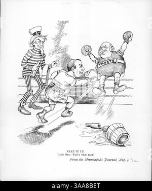Ein politischer Zeichentrick zeigt, wie Onkel Sam Philander C. Knox in einem Boxring ermutigt, gegen Trusts zu kämpfen. Die Abbildung symbolisiert Knox' Rolle als Leiter der US-Rechtsabteilung, die Monopole untersucht. Die Bildunterschrift verweist auf Knox' Beteiligung an einem Faustkampf mit einem Mann, der seine Familie beleidigte und seine persönlichen und beruflichen Auseinandersetzungen miteinander verbindet. Stockfoto