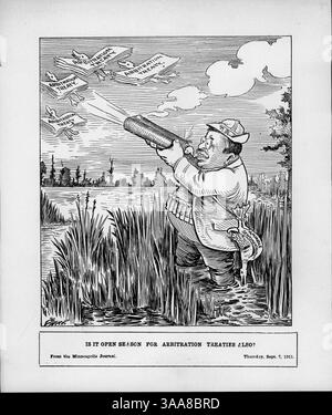 Der redaktionelle Cartoon der Minneapolis Morning Tribune zeigt Theodore Roosevelt, der die vorgeschlagenen Schiedsverträge mit Frankreich und Großbritannien kritisiert und den Konflikt zwischen Sentimentalität und praktischer Handlung symbolisiert. Stockfoto