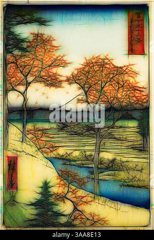 Eine ruhige Landschaft mit Bäumen mit Herbstlaub, sanft abfallenden Hügeln und einem sich windenden Fluss. Die Szene fängt eine ruhige Atmosphäre ein, verstärkt durch künstlerische Linien und lebendige Farben, die Bewegung und Leben in der Natur suggerieren. Subtile Kalligrafie fügt einen östlichen Touch hinzu und bereichert die Gesamtkomposition., Klassische Kunst mit modernem Touch, neu interpretiert von Artotop, basierend auf Yuhi Hill in Meguro in der östlichen Hauptstadt (Toto Meguro Yuhigaoka), aus der Serie 36 Ansichten des Fuji (Fuji sanjurokkkei), 1858, Utagawa Hiroshige 歌川 広重, Japanisch, 1797-1858, Japan, Farbholzschnitt, Stockfoto