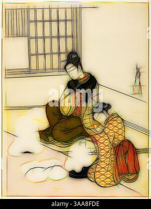 Eine ruhige Szene zeigt zwei Frauen in traditioneller Kleidung, die auf einem mit weichen Texturen geschmückten Boden sitzen. Eine Frau hält sanft ein Objekt, während die andere sich näher neigt, verloren im Gedanken. Die Umgebung verfügt über geometrische Muster und ein Fenster, die auf eine ruhige Inneneinrichtung hinweisen., Klassische Kunst mit modernem Twist, neu gestaltet von Artotop, basierend auf Evening Snow on a Floss Shaper (Nurioke no bosetsu), aus der Serie Acht Views of the Parlor (Zashiki hakkei), um 1766, Suzuki Harunobu 鈴木 春信, Japanisch, 1725 (?)-1770, Japan, Farbholzschnitt, Chuban, 28,7 x 21,6 cm (11 1/4 x 8 1/2 Zoll) Stockfoto