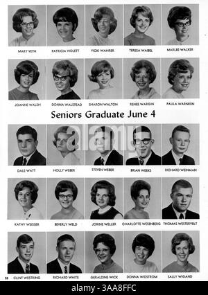 Das Robbinsdale High School Yearbook 1964, „The Robin“, dokumentiert eine Vielzahl von Schulveranstaltungen, darunter akademische Leistungen, Sportwettbewerbe, Clubaktivitäten und Beiträge der Lehrkräfte während des Schuljahres 1963-1964. Stockfoto