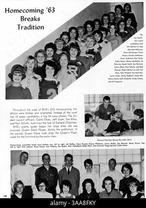 Das Robbinsdale High School Yearbook 1964, „The Robin“, ist eine jährliche Publikation, die die wichtigsten Momente aus dem Schuljahr 1963-1964 festlegt und sich auf Schüler, Lehrer, Sportveranstaltungen und Schulaktivitäten konzentriert. Stockfoto