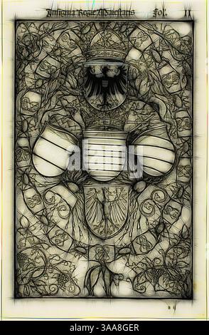 Eine detaillierte Darstellung einer königlichen Figur in einem majestätischen Outfit mit komplizierten Mustern und Designs. Die Figur hält zwei große Gefäße, umgeben von einer Kulisse aus aufwendigen ornamentalen Motiven. Elemente von Rüstung und königlichen Insignien deuten auf ein Thema von Adel und Stärke hin., Klassische Kunst mit modernem Twist neu interpretiert von Artotop, basierend auf dem Wappen Maximilians I. als König der Römer, um 1517, nach Albrecht Dürer, Deutsch, 1471-1528, Deutschland, schwarzer Holzschnitt auf Elfenbein-Bütten, 233 x 150 mm (Bild), 264 x 173 mm (Blatt) Stockfoto