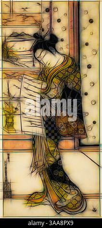 Eine anmutige Figur in einem traditionellen Kimono steht neben einem Fenster, umgeben von komplizierten Mustern und Designs. Die Szene fängt das Wesen der Eleganz ein, mit subtilen Anklängen von Natur, die außen sichtbar sind, und schafft eine ruhige Atmosphäre., Klassische Kunst mit modernem Touch, neu interpretiert von Artotop, basierend auf Kurtisane, Reading a Letter, ca. 1745, Ishikawa Toyonobu, Japanisch, 1711-1785, Japan, handkolorierter Holzschnitt, toku-oban, urushi-e, 50,6 x 23,0 cm (19 3/4 x 9 Zoll) Stockfoto