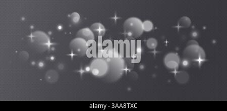 Weißes Bokeh mit Sternen und Glitzern, glänzende Überlagerungsdekoration isoliert auf grauem Hintergrund Stock Vektor