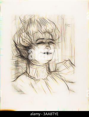 Eine stilisierte Darstellung des Gesichts einer Frau, geprägt von zarten Linien und abstrakten Merkmalen, die eine ätherische Qualität ausstrahlen. Ihr Haar fließt elegant, teilweise verdeckt ihre Augen, während der Hintergrund ein Gefühl von Tiefe und Bewegung suggeriert., Klassische Kunst mit einem modernen Twist, neu interpretiert von Artotop, basierend auf Marie-Louise Marsy, aus Treize Lithographies, 1898, veröffentlicht vor 1906, Henri de Toulouse-Lautrec, Französisch, 1864-1901, Frankreich, Lithografie auf elfenbeinfarbenem Papier, 287 x 234 mm (Bild), 392 x 315 mm (Blatt) Stockfoto