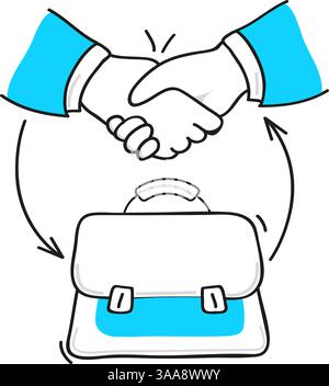 Vektor-Illustration zeigt ein handgezeichnetes Doodle-Symbol, das einen Handschlag zwischen zwei Geschäftsleuten darstellt und Partnerschaft symbolisiert. Stock Vektor