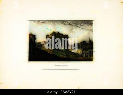 Eine abstrakte Darstellung einer architektonischen Struktur mit komplizierten Linien und einem dramatischen Himmel, der auf eine stimmungsvolle Atmosphäre hinweist. Die Szene fängt eine Mischung aus Details und Stilrichtungen ein, die ein Gefühl von Nostalgie und Mysterium weckt., Klassische Kunst mit einem modernen Twist neu interpretiert von Artotop, basierend auf Janus's Arch, Platte 20 aus den Ruinen von Rom, veröffentlicht am 6. Dezember 1796, M. Dubourg, (Englisch, Englisch, Englisch, Active 1786-1838), herausgegeben von J. Merigot (Italienisch, Unbekannt), England, handkolorierter Aquatint auf Papier, 330 x 448 mm (Blatt) Stockfoto