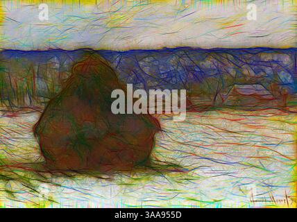 Ein einsamer Heuhaufen sitzt auf einem Feld, die Silhouette vor einem bewölkten Himmel, mit sanften Hügeln und einem Hauch von fernen Strukturen im Hintergrund. Die Landschaft ist voller lebendiger, wirbelnder Farben, die eine traumhafte, abstrakte Atmosphäre schaffen., Klassische Kunst mit modernem Touch, neu gestaltet von Artotop, basierend auf Stack of Wheat (Snow Effect, Overcast Day), 1890/91, Claude Monet, Französisch, 1840-1926, Frankreich, Öl auf Leinwand, 66 x 93 cm (26 x 36 5/8 Zoll) Stockfoto