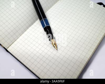 Ein offenes Notizbuch mit Graphpapier, auf dem ein alter Füllfederhalter liegt. Mit Kopierraum Stockfoto