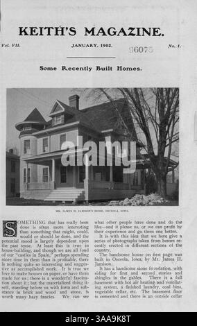 Das Keith's Magazine (1902), das vom Architekten Walter J. Keith veröffentlicht wurde, enthält Hausentwürfe, Baupläne und Baukosten sowie Artikel über Wohnkultur, Landschaftsgestaltung und Werbung für Baumaterialien. Stockfoto