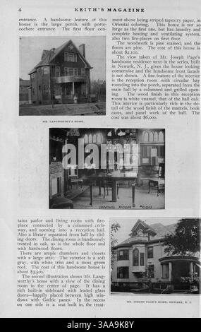 Keith’s Magazine, eine monatliche Publikation von Walter J. Keith aus dem Jahr 1902, enthält Hausentwürfe, Grundrisse, Baukosten, Artikel über Inneneinrichtung, Landschaftsarchitektur und Werbung für Baumaterialien. Stockfoto