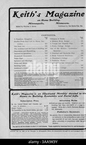 Keith’s Magazine, eine monatliche Publikation aus dem Jahr 1902 von Walter J. Keith, zeigt Hausentwürfe mit detaillierten Grundrissen, Baukosten und Bauinformationen. Das Magazin befasst sich mit Wohnbau, Innenarchitektur und Landschaftsgestaltung und enthält Werbung für Baumaterialien und Wohnmöbel. Einige Ausgaben bieten Pläne für Kirchen und Schulen. Stockfoto