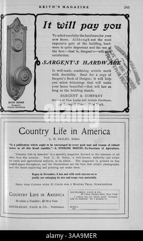Keith’s Magazine, das erstmals 1902 von Walter J. Keith veröffentlicht wurde, zeigt Hausentwürfe zusammen mit Grundrissen, detaillierten Baukosten und Artikeln über Inneneinrichtung und Landschaftsgestaltung. Das Magazin enthält auch Werbung für Baumaterialien und Wohnmöbel, die sowohl Bauherren als auch Hausbesitzern wertvolle Ressourcen zur Verfügung stellen, mit Plänen für Kirchen, Schulen und andere Gebäudetypen. Stockfoto