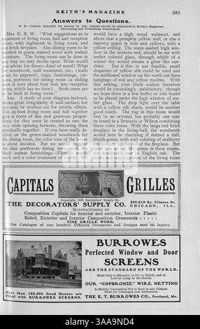 Walter J. Keith's Magazine, das erstmals 1902 veröffentlicht wurde, zeigt Hausentwürfe mit Grundrissen, Kostenaufteilungen und Beschreibungen. Das Magazin enthält Artikel über Wohnbau, Inneneinrichtung und Landschaftsgestaltung sowie Werbung für Baumaterialien und Wohnmöbel. Einige Ausgaben enthalten Pläne für Kirchen, Schulen und andere Gebäudetypen. Stockfoto