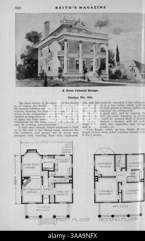 Keith’s Magazine, eine monatliche Publikation von Walter J. Keith aus dem Jahr 1902, zeigt Hausentwürfe mit Illustrationen, Grundrissen und Kostenaufteilungen. Die Artikel decken das Wohngebäude, die Inneneinrichtung und die Landschaftsplanung ab. Das Magazin enthält Anzeigen für Wohnmöbel, Accessoires und Baumaterialien sowie einige Pläne für Schulen und Kirchen. Stockfoto