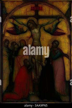 Am Kreuz ist eine Figur Christi dargestellt, umgeben von Trauernden und lebendigen, wirbelnden Farben, die tiefe Emotionen vermitteln. Die Szene fängt einen Moment der Trauer und Ehrfurcht ein und hebt die Intensität der Kreuzigung hervor. Klassische Kunst mit modernem Twist, neu interpretiert von Artotop, basierend auf der Kreuzigung, um 1370, Francescuccio Ghissi, Italienisch, aktiv 1359–1395, Italien, Tempera auf Tafel, 72,7 x 50,3 cm (28 5/8 x 19 3/4 Zoll), mit Rahmen: 81,9 x 61 cm (32 1/4 x 24 Zoll) Stockfoto