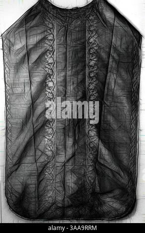 Ein zartes Kleidungsstück mit komplizierten Spitzendetails an den Kanten, die anmutig mit einer weichen Textur überzogen sind. Das Design erinnert an Eleganz und Handwerkskunst, mit fließenden Linien und subtilen Mustern. Klassische Kunst mit modernem Touch, neu gestaltet von Artotop, basierend auf Chasuble, 17. Jahrhundert, Italien, Seide, Leinwandbindung, Seidenbezug, Seidenstreifen und Streifen aus vergoldetem Metall, Leinwandband, umrandet mit Streifen aus vergoldetem Metall und mit Streifen aus vergoldetem Metall umwickelter Seide, mit Spulenband, 112,8 x 72,7 cm (44 3/8 x 28 5/8 Zoll) Stockfoto