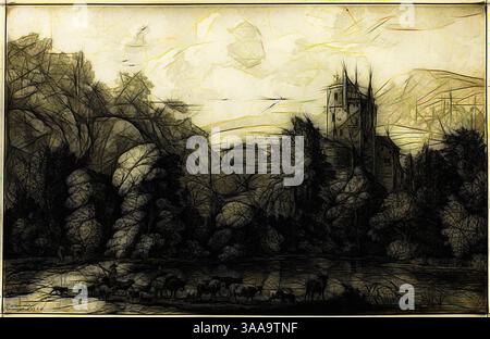 Eine ruhige Landschaft mit einem ruhigen Gewässer im Vordergrund, umgeben von dichten Bäumen und sanften Hügeln. Ein majestätischer Glockenturm blickt durch das Laub, während eine Gruppe Kühe friedlich am Ufer weidet und ein Gefühl von Ruhe und ländlicher Schönheit weckt., Klassische Kunst mit moderner Note, neu gestaltet von Artotop, basierend auf Landschaft mit Rindern, n.d., Jacob Cornelis Ploos van Amstel (Niederländisch, 1726-1798), nach Jan Van der Meer (Niederländisch, 1656-1705), Niederlande, Druck auf Papier Stockfoto