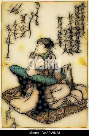 Eine Figur posiert anmutig in traditioneller Kleidung auf einer kunstvollen Matte. Die Szene ist mit fließenden Linien und komplizierten Details bereichert, die ein Gefühl von Eleganz und kulturellem Erbe wecken. Die umgebenden Elemente deuten auf die Natur hin und verstärken die ruhige Atmosphäre., Klassische Kunst mit modernem Touch, neu gestaltet von Artotop, basierend auf Memorial Portrait des Schauspielers Iwai Hanshiro VI, 1836, Utagawa Kunisada I (Toyokuni III), Japanisch, 1786-1864, Japan, Farbholzdruck, oban, 35,6 x 24,6 cm (14 x 9 11/16 Zoll) Stockfoto