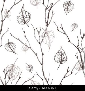 Herbstbaumzweige, Bäume, herabfallende Birkenblätter, Wald, Park, Garten. Zum Dekorieren von Sommer, Herbst. Mit schwarzer Tinte handgezeichnet Stock Vektor