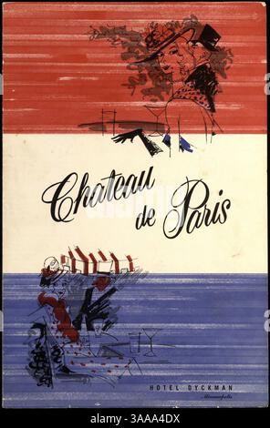 Dieses zweiseitige Menü des Chateau de Paris umfasst eine Auswahl an Getränken, Vorspeisen, Hauptgerichten, Desserts und eine Weinkarte mit Abbildungen in Rot, Blau und Schwarz. Es bietet ein raffiniertes kulinarisches Erlebnis. Stockfoto