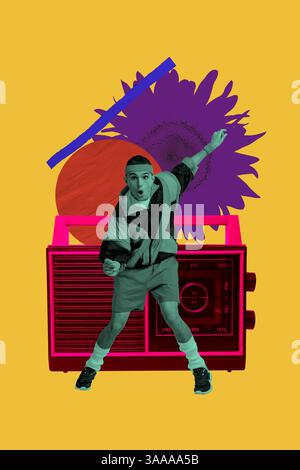 Vorlage Sketch Bild Composite Artwork Collage von aufgeregtem Gesicht Mann Tanz Radio Party Unterhaltung unbeschwerte Nacht Clubber Sommer Vibe Stockfoto