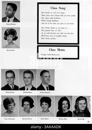Polaris 64, das Jahrbuch 1964 der North High School, beschreibt die Schülerschaft, die Fakultät, die Leichtathletik, die Vereine und die bedeutende afroamerikanische Geschichte aus dem Schuljahr 1963-1964. Stockfoto