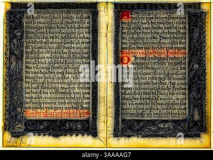 Ein wunderschön illustriertes Manuskript mit komplizierten Randmotiven und verzierten Schriftzügen, mit hervorgehobenen Abschnitten in Rot und Orange, die eine aufwendige Schrift zeigen. Der Text füllt die Seiten und weist auf eine historische oder literarische Bedeutung hin., Klassische Kunst mit modernem Twist neu interpretiert von Artotop, basierend auf Illustration von Hortulus animae, Platte 31 aus Holzschnitten aus Büchern des XVI Jahrhunderts, 1514, zusammengefügt zu Portfolio 1937, Unbekannter Künstler (Deutsch, 16. Jahrhundert), zusammengesetzt von Max Geisberg (Schweiz, 1875-1943), Deutschland, Holzschnitt auf Papier, 126 x 189 mm (Bild), 136 x 194 mm (Blatt) Stockfoto