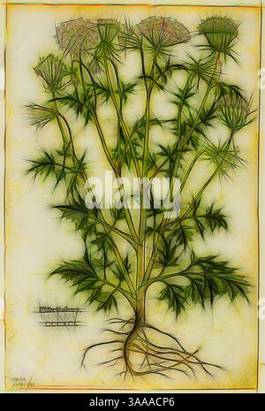 Eine detaillierte botanische Illustration einer blühenden Pflanze mit komplizierten Blättern und einem robusten Wurzelsystem, die eine elegante Anordnung von zarten Blüten auf hohen Stielen zeigt., Klassische Kunst mit modernem Twist neu interpretiert von Artotop, basierend auf Blatt aus dem Neuen Kreuterbuch von Leonhart Fuchs, Platte 97 aus Holzschnitten aus Büchern des XVI Jahrhunderts, 1543, zusammengefügt zu Portfolio 1937, zugeschrieben Heinrich Füllmaurer (Schweiz, aktiv 1520-1545), zusammengestellt von Max Geisberg, 1943, 1875 329 x 201 mm (Bild), 352 x 233 mm (Blatt) Stockfoto