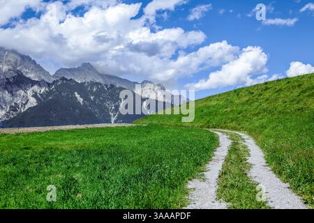 Eine Straße führt durch ein grasbewachsenes Feld mit alpenbergen im Hintergrund. Die Straße ist schmutzig und er ist eine schmutzige Straße Stockfoto