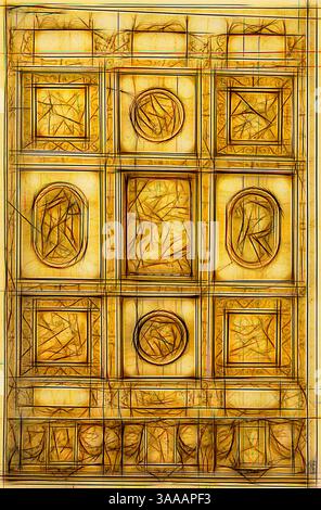 Eine abstrakte Komposition mit einem Gitter geometrischer Formen, mit komplizierten Mustern und Texturen, die ein Gefühl von Tiefe und Bewegung schaffen. Das Design umfasst kreisförmige und quadratische Formen, die durch filigrane Linien miteinander verbunden sind und an eine moderne künstlerische Interpretation der klassischen Architektur erinnern., Klassische Kunst mit modernem Twist neu interpretiert von Artotop, basierend auf Studie für eine Deckendekoration, mit Rebecca und Eliezer am Brunnen (Recto), Study for a Decken Decken Decken Decken Decken Decken Decken Decken Decken Decken Dekor (verso),/Verso), 1569/73, Giorgio Vasari 1511 1574, Italien, Stift und braune Tinte, mit Pinsel und brauner Waschung, auf cremefarbenem Büttenpapier, quadratisch Stockfoto