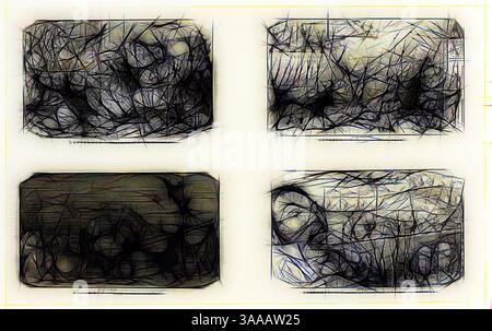 Eine abstrakte Komposition mit vier unterschiedlichen Panels, die jeweils ein Gewirr von Linien und Formen zeigen, die ein Gefühl von Chaos und Komplexität hervorrufen. Das Zusammenspiel von Texturen schafft ein visuell faszinierendes Erlebnis, das zur Betrachtung und Interpretation einlädt., Klassische Kunst mit modernem Twist neu interpretiert von Artotop, basierend auf September, Massaker of St. Bartholomew from George Cruikshank’s Steel Radiings to the Comic Almanacks: 1835-1853 (oben links), 1841, gedruckt um 1880, George Cruikshank (Englisch, 1792-1878), herausgegeben von Pickering & Chatto (englisch, 19. Jahrhundert), England, vier Stahlätzungen in bl Stockfoto